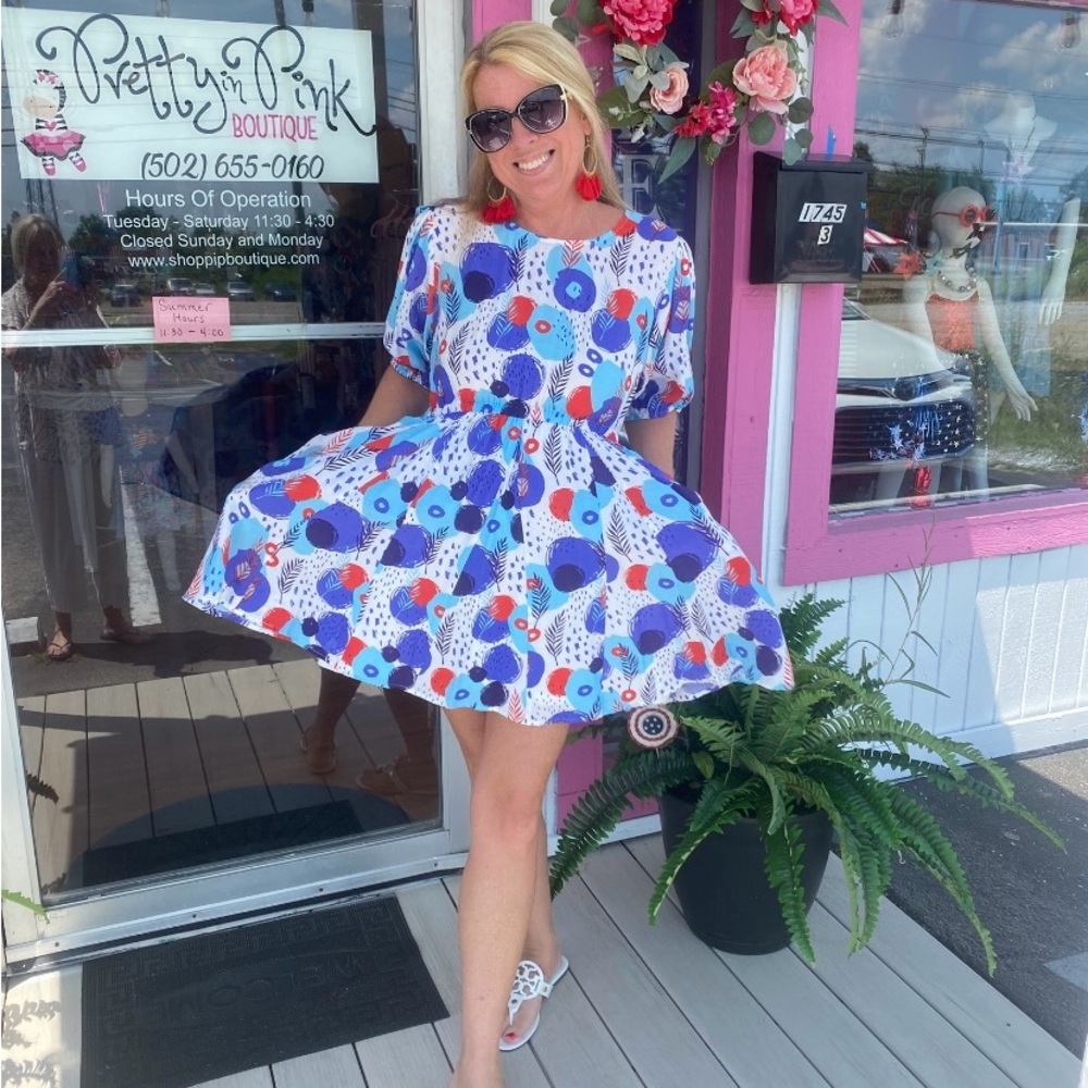 Blue Multi Abstract Puff Sleeve Twirl with Pockets